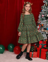 Girls Green Dress Fall Long Sleeve Floral Square Neck Button Smock Front Ruffle Tiered Christmas Dresses Fashion Outfit