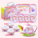 JOYIN Unicorn Tea Party Set for Little Girls, Pretend Pink Tin Teapot Set, Princess Tea Time Play Kitchen Toy with Teapot, Cup, Plate, Carrying Case for Kids Toddlers Age 3 4 5 6, Gift for Christmas
