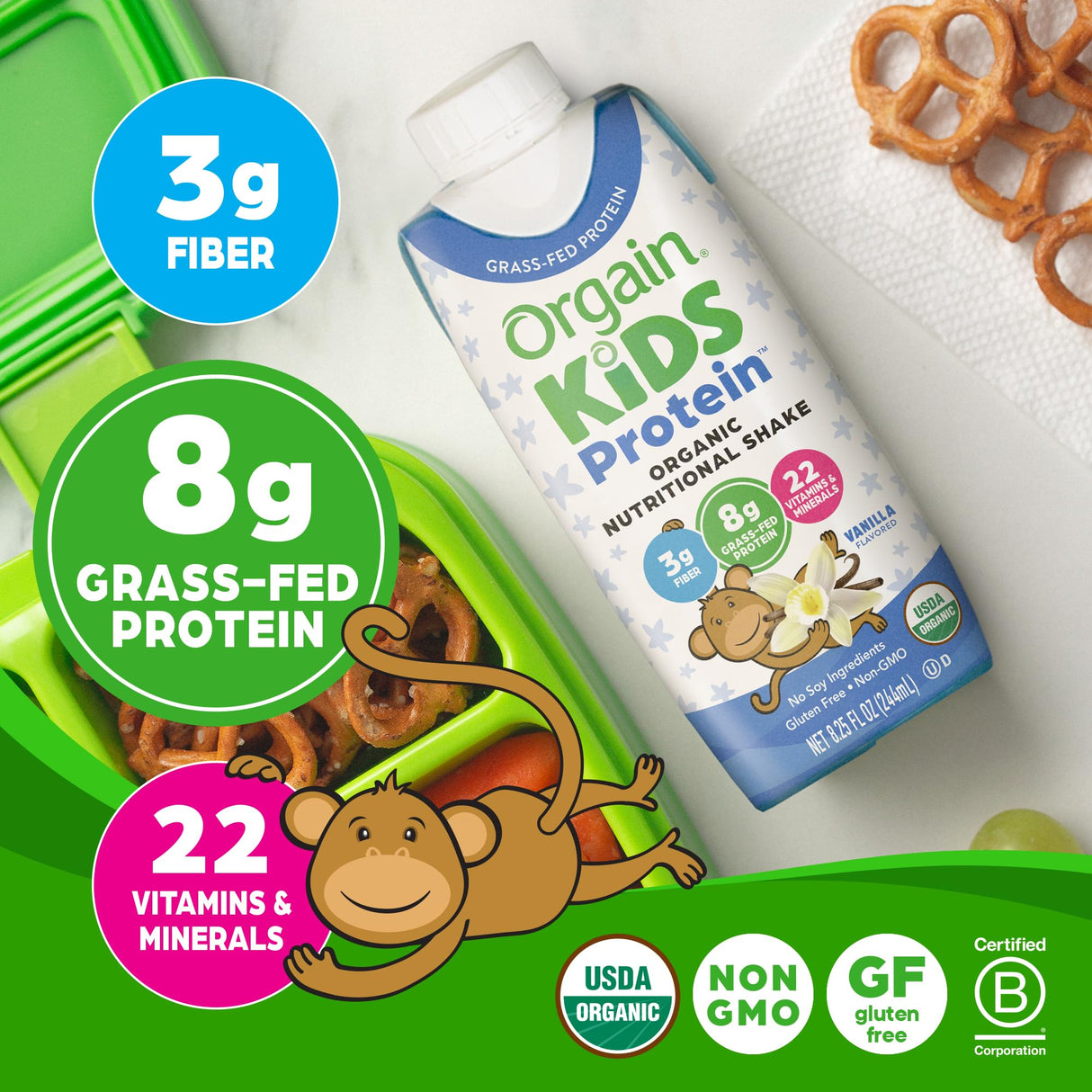 Orgain Organic Kids Protein Nutritional Shake, Vanilla - 8g of Protein, 22 Vitamins & Minerals, Fruits & Vegetables, Gluten Free, Soy Free, Non-GMO, 8.25 Oz, 12 Ct (Packaging May Vary)