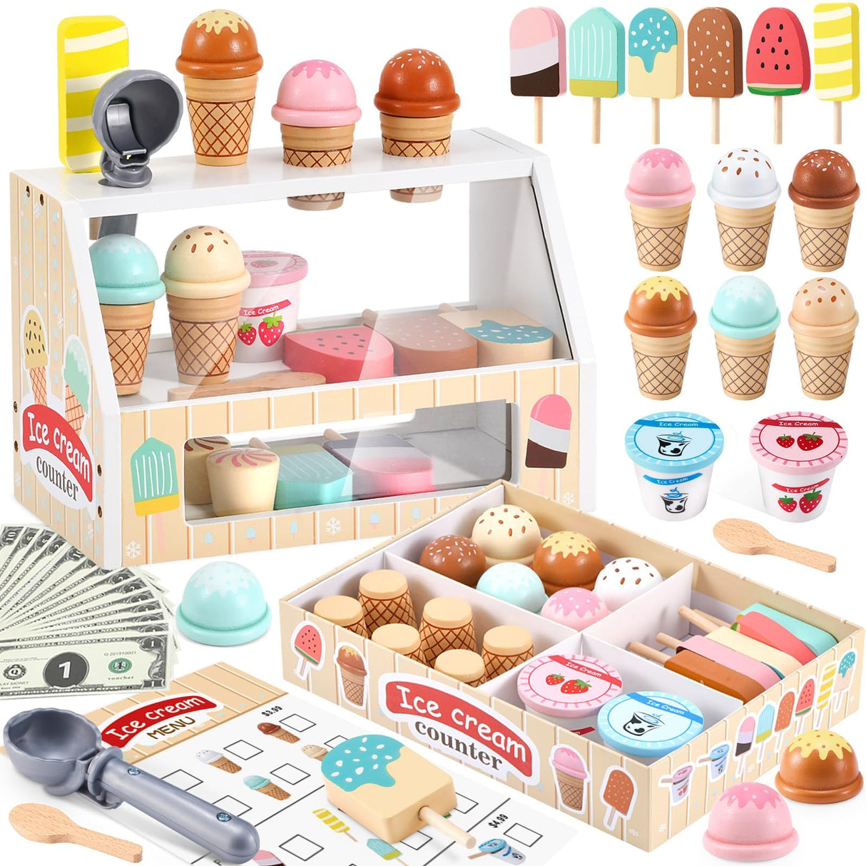 Wooden Ice Cream Toys Kids Play Store Pretend Toy for Toddlers, Play Kitchen Accessories with Scoop, Menu, Fake Money, Ice Cream Play Set Birthday Christmas Gifts for 3 4 5 6 Year Old Girls Boys
