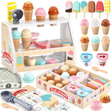 Wooden Ice Cream Toys Kids Play Store Pretend Toy for Toddlers, Play Kitchen Accessories with Scoop, Menu, Fake Money, Ice Cream Play Set Birthday Christmas Gifts for 3 4 5 6 Year Old Girls Boys