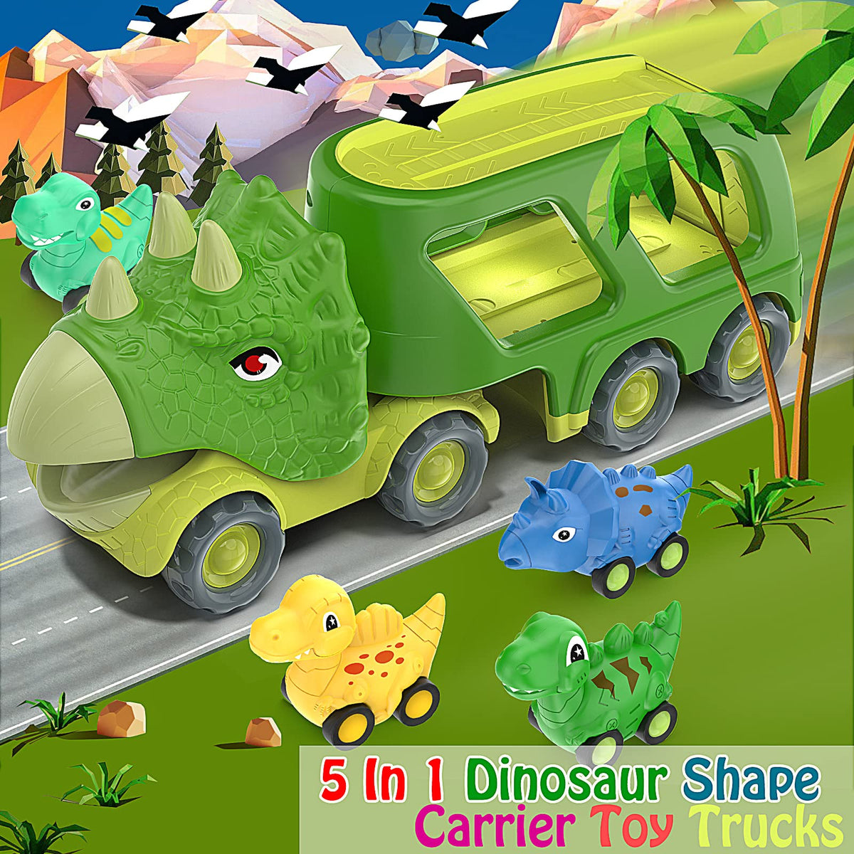 Veslier Dinosaur Car Toys for2 3 4 5 Years Old Boys, Friction Power Carrier Truck with 4 Pack Small Pull Back Dino Car, Christmas Birthday Gift for 3+ Boy Girl Kids Toddlers
