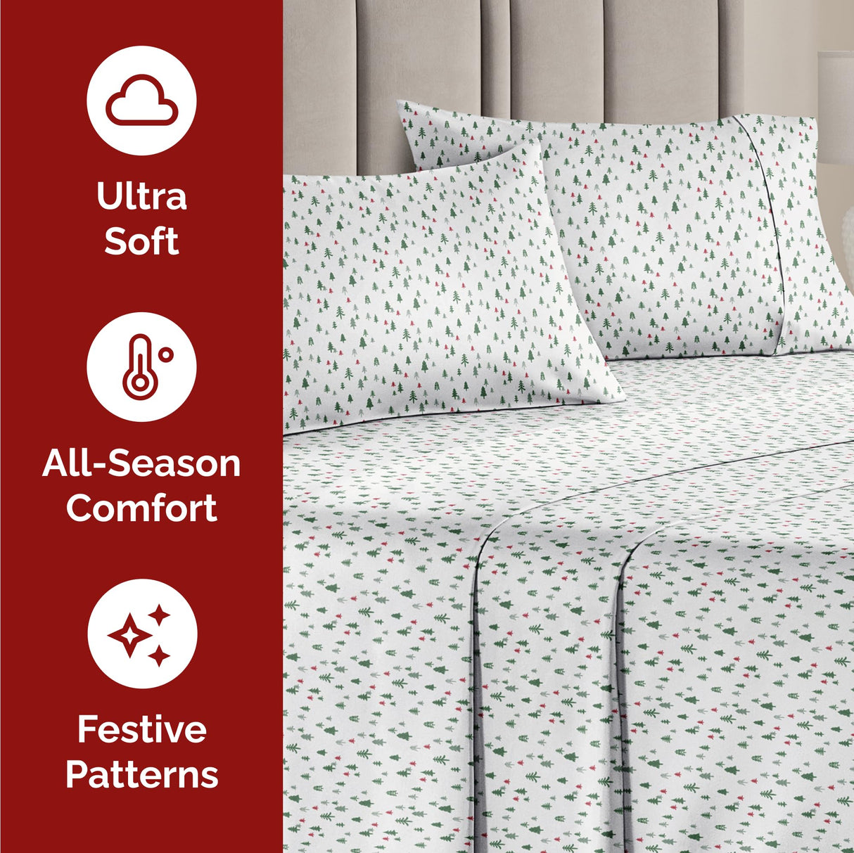 King Christmas Trees Sheet Set - Holiday Xmas Pattern Bedding Set - Deep Pockets - Snug Fit - 4 Piece - Wrinkle Free & Easy Care - Comfy Festive Winter - Holiday Sheets for Women, Men, Kids & Teens