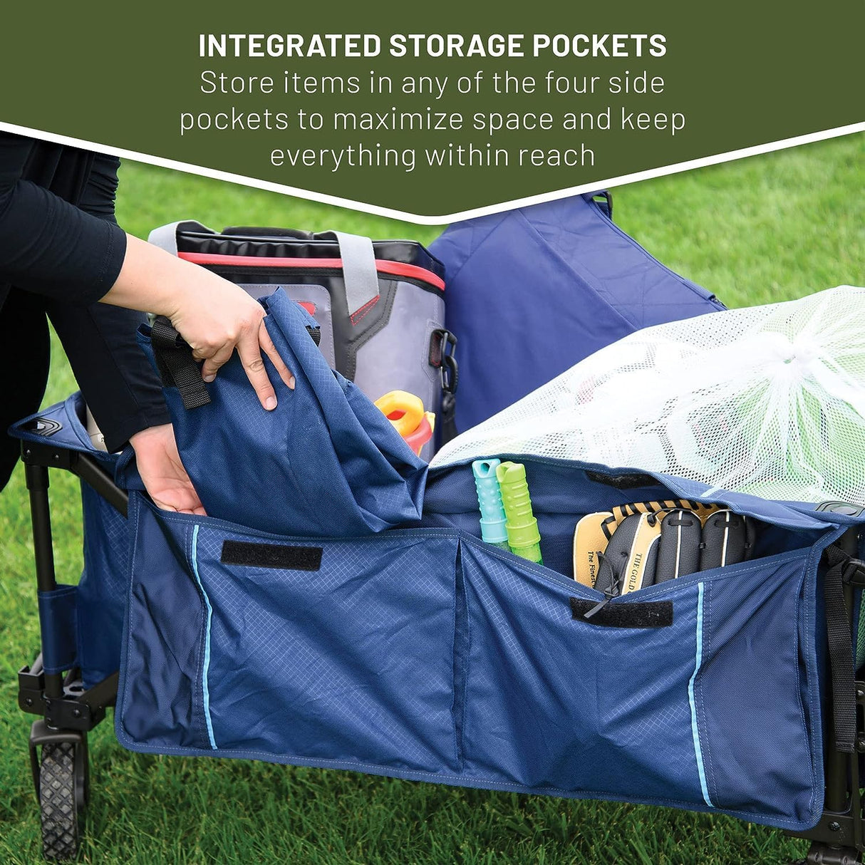 TIMBER RIDGE Tailgate Collapsible Folding Wagon Cart, Heavy Duty Utility Push Pull Beach Wagon Foldable, Outdoor Grocery Cart with Side Pockets for Camping, Garden, Shopping, Holds 225 lbs, Blue