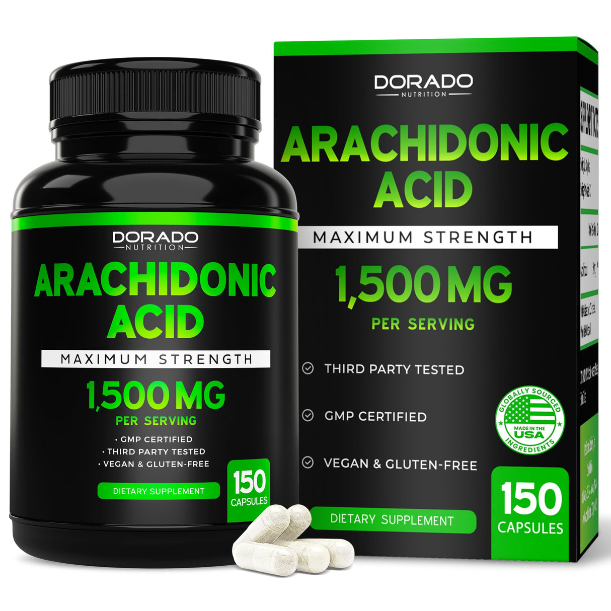 Arachidonic Acid Supplement 1500mg (150 Capsules) - Muscle and Strength Supplement for Muscle Mass & Recovery for Men & Women - Gluten Free & Non-GMO - 3rd Party Tested - (150 Capsules)