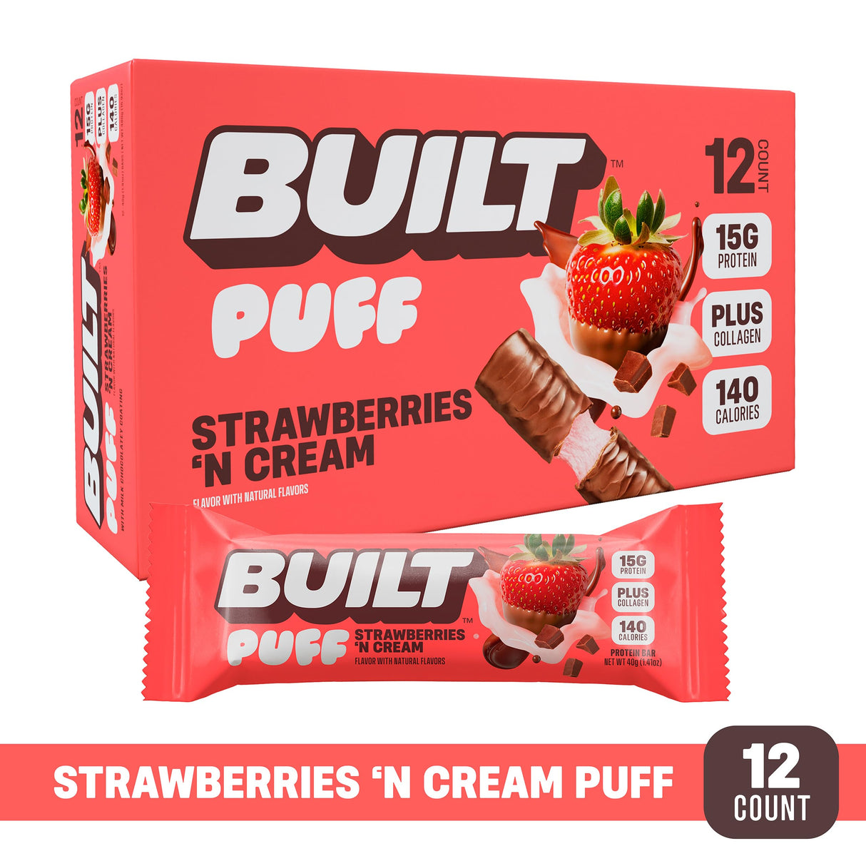 Built Bar, Puff Protein Bars, Strawberries 'N Cream Puff, 15g Protein Snacks, On-The-Go Bars, Only 140 Calories, 8g Sugar, Collagen, Gluten Free, 12 Count