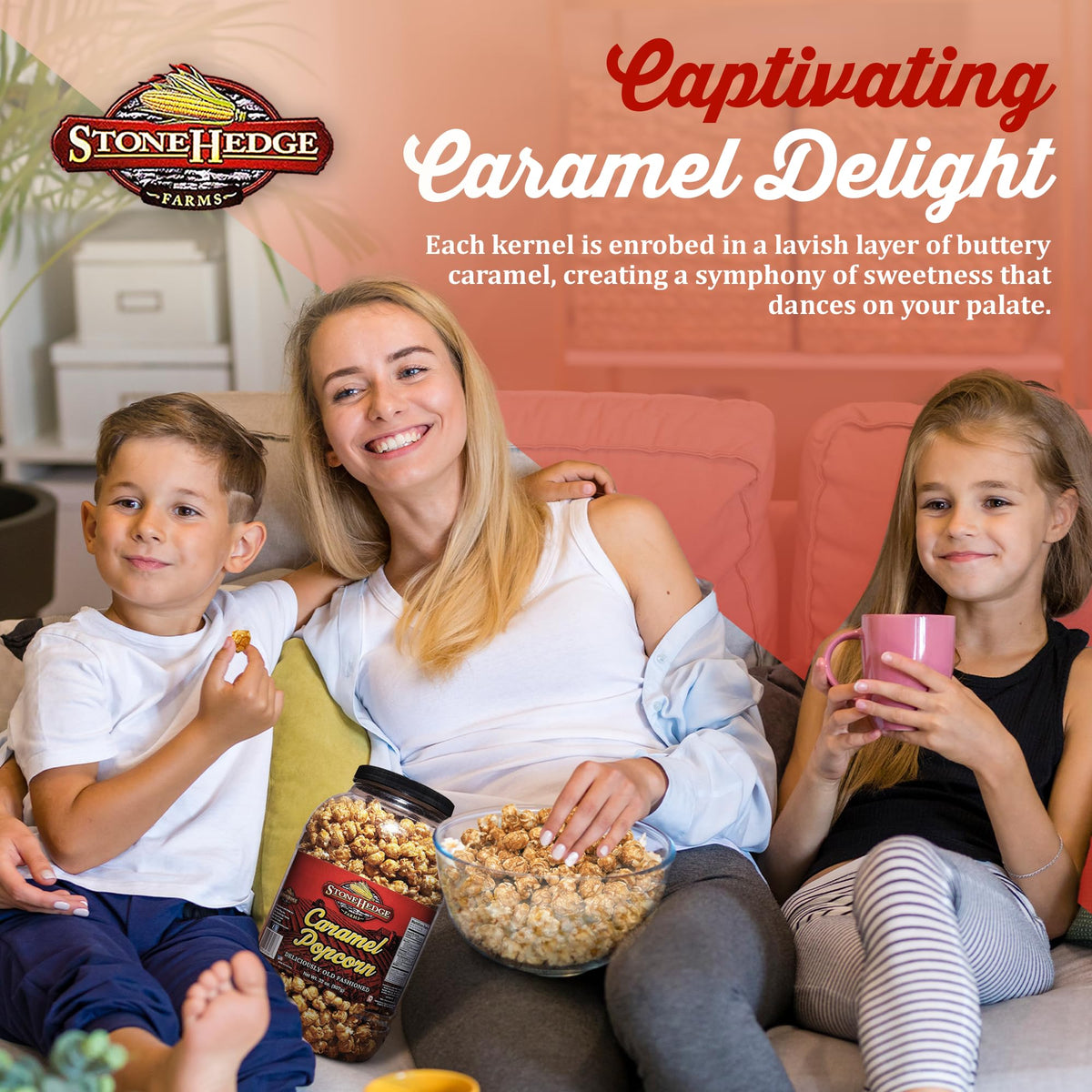 Stonehedge Farms Caramel Flavored Popcorn | 32 oz Tub (Pack of 2) | Perfect for Holidays and Christmas | Reclosable Barrels | Bulk Gourmet Popped Carmel Pop Corn
