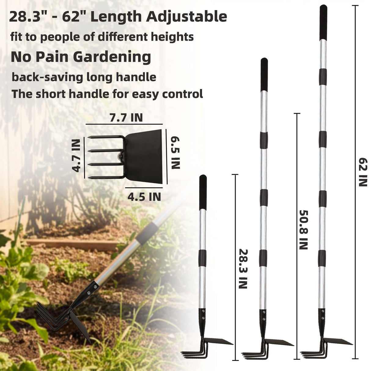 Long Hand Cultivator, 2-in-1 Hand Tiller and Garden Hoe for Gardening
