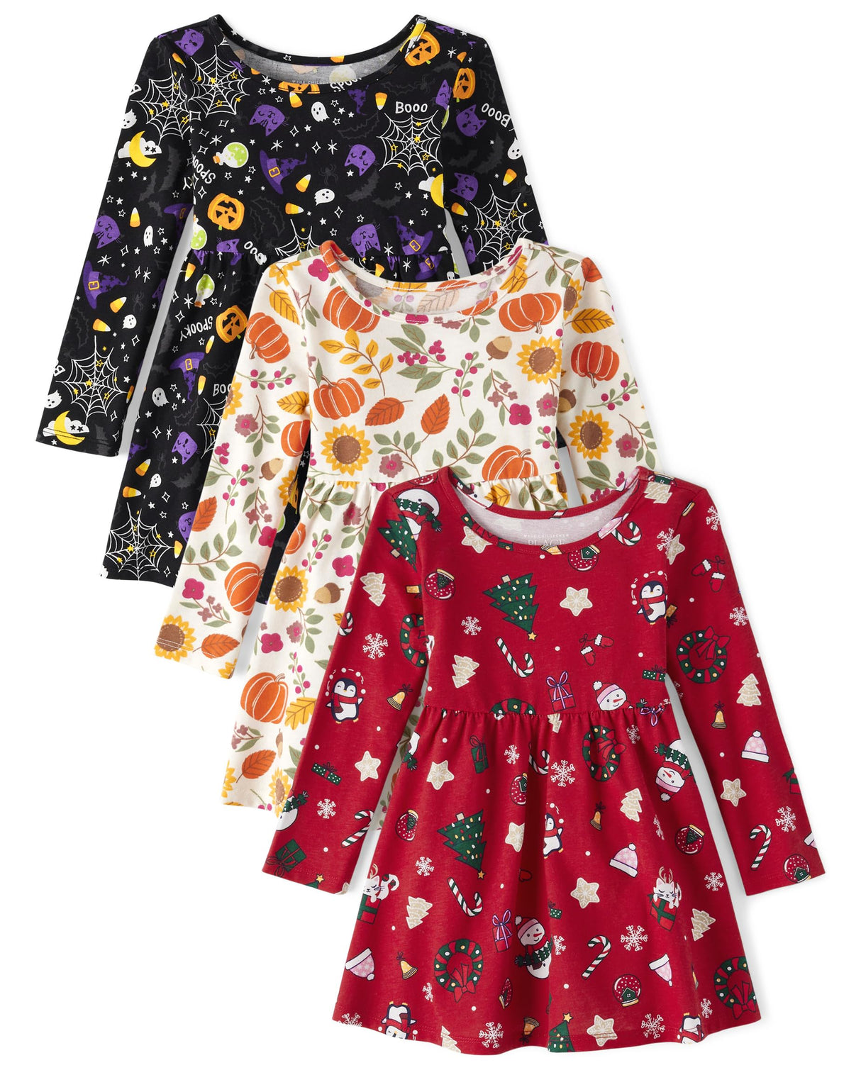 The Children's Place,and Toddler Long Sleeve Special Occasion Halloween Thanksgiving Christmas Dresses 3-Pack,3T