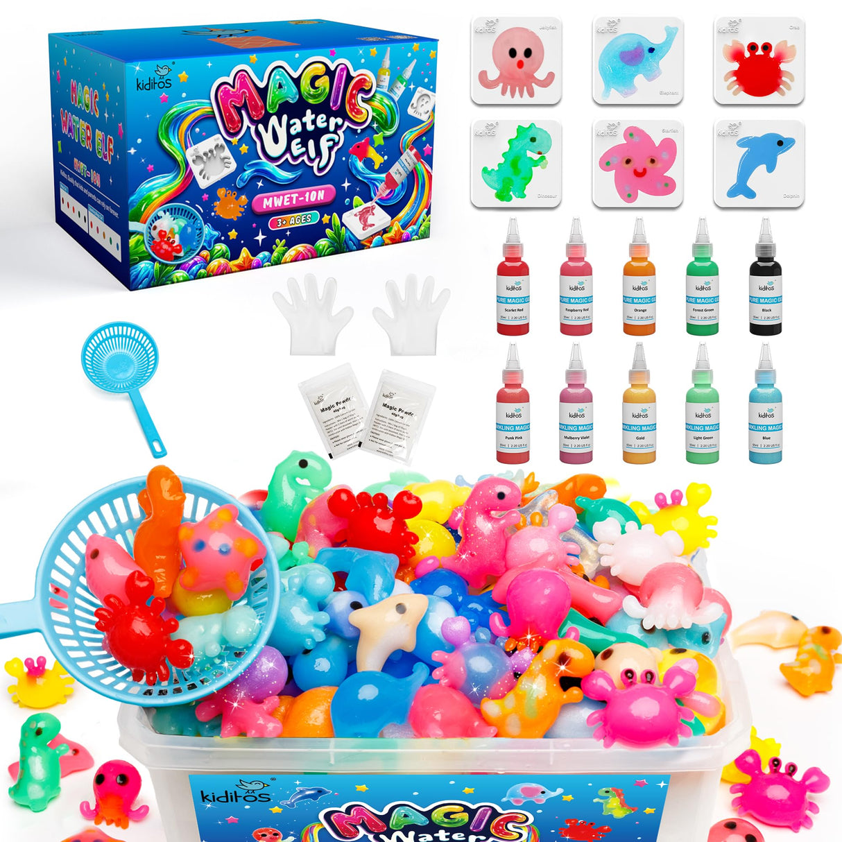 Kiditos Magic Water Elf Toy Kit–Squishies for Kids, 10 Gels & 6 Molds, Magic Gel Water Pets Sensory Toy, Fun DIY Craft Kit, Party Favors, Birthday & Christmas Gifts for Kids Ages 3+