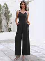 ANRABESS Women V Neck Spaghetti Strap Wide Leg Dressy Jumpsuits 2025 Summer Casual One Piece Jumper Romper Outfits & Pockets Black Medium
