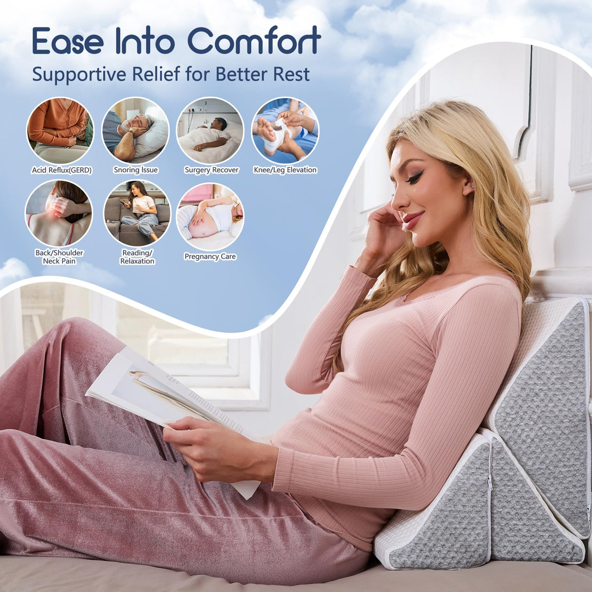 Wedge Pillow for Back Pain Relief: Bed Wedges Pillow for Sleeping (3 in 1) Elevated Pillows Memory Foam Triangle Support for Acid Reflux Post Surgery Body Positioners Pregnancy Side Sleepers Knee