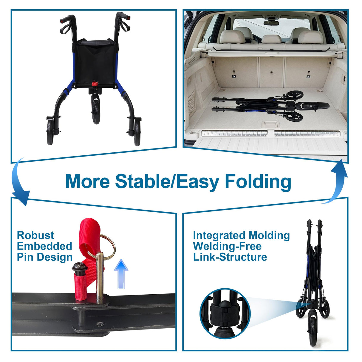 Premium 3 Wheel Rollator Walker for Seniors, Lightweight Foldable Elderly Three Wheeled Rollator with Storage Bag, Aluminum Mobility Aid Rolling Walker (Black & Blue)