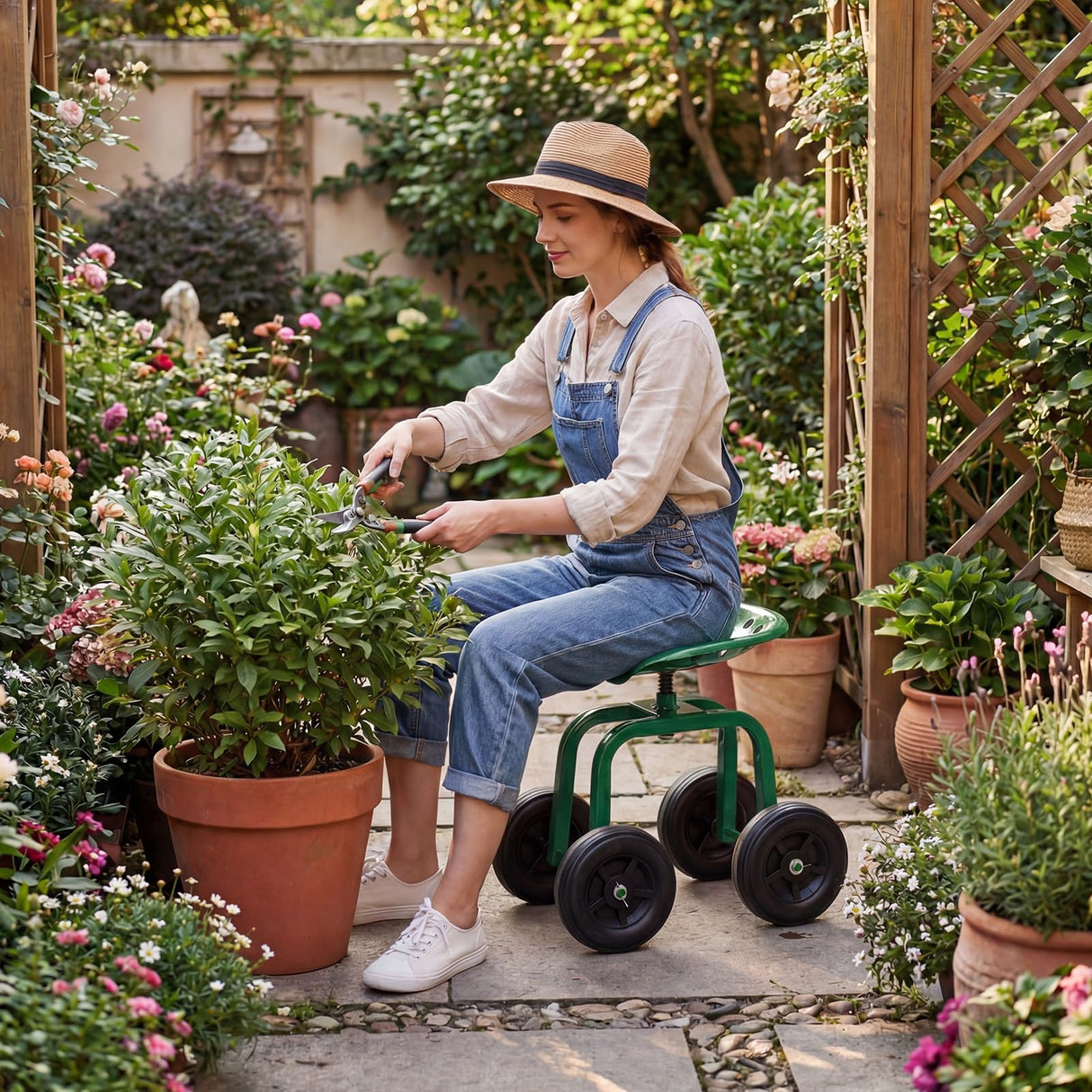Goplus Garden Cart with Wheels, Utility Stool Cart w/Adjustable 360 Degree Swivel Seat, Outdoor Lawn Yard Rolling Work Seat, Garden Scooter for Planting (Green)