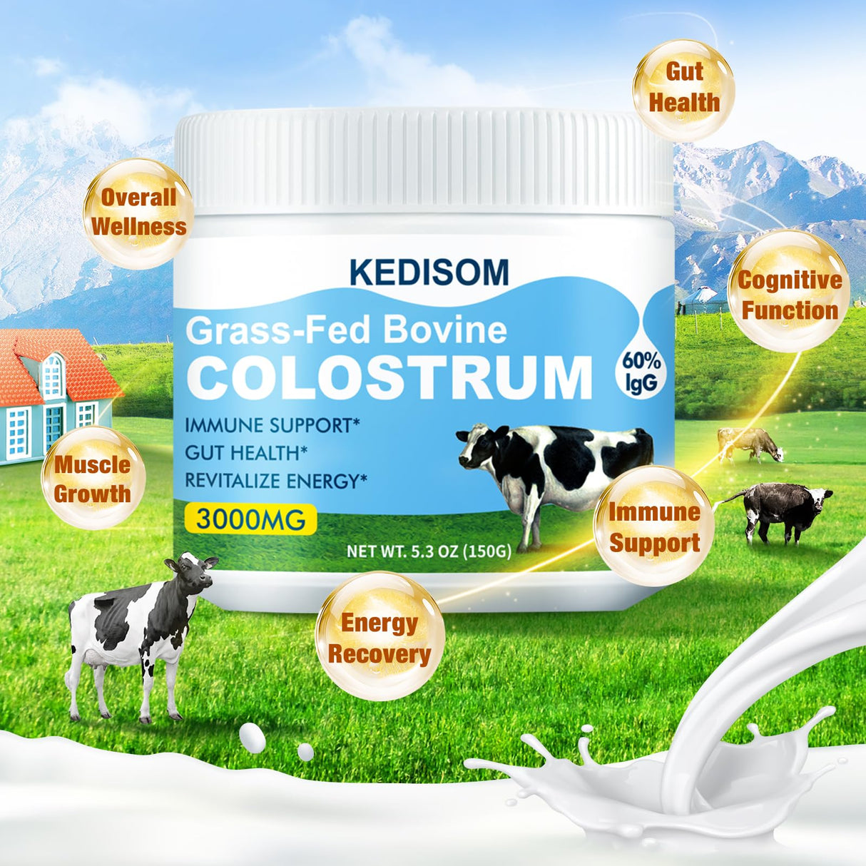 KEDISOM Grass-Fed Bovine Colostrum Supplement Powder - 60% High IgG 3000 mg for Gut Health, Immune Support - Easy to Mix Natural Liposomal Colostrum Superfood, Unflavored, 50 Servings