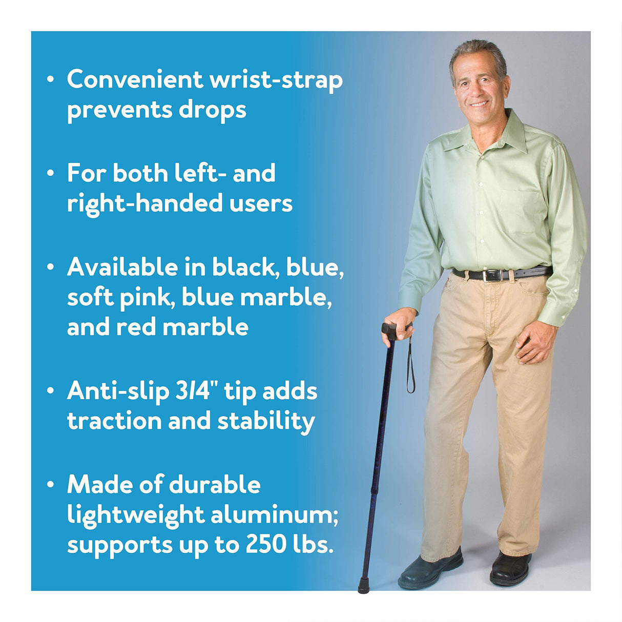 Carex Soft Grip Walking Cane - Height Adjustable Cane With Wrist Strap - Latex Free Soft Cushion Handle, Metallic Blue