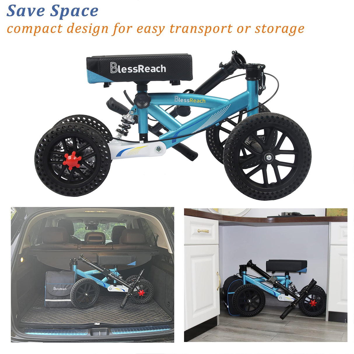 BlessReach Knee Scooter, All Terrain Foldable Knee Scooter Walker, Disc Brake Knee Walker for Foot Injuries Compact Crutches Alternative