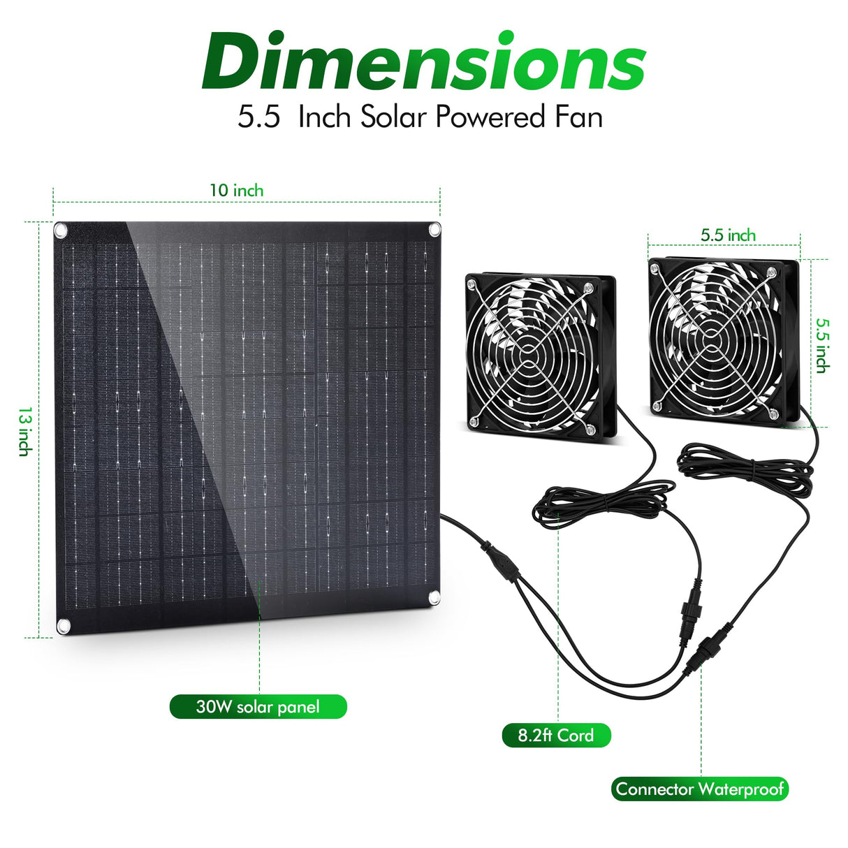 5.5" Solar Fan, Solar Panel Fan, 30W Solar Powered Fan with Dual IPX7 Waterproof Fans for Outside Chicken Coops, Greenhouses, Sheds, Intake or Exhaust Air Fan, Solar Ventilation Fan, Solar Exhaust Fan