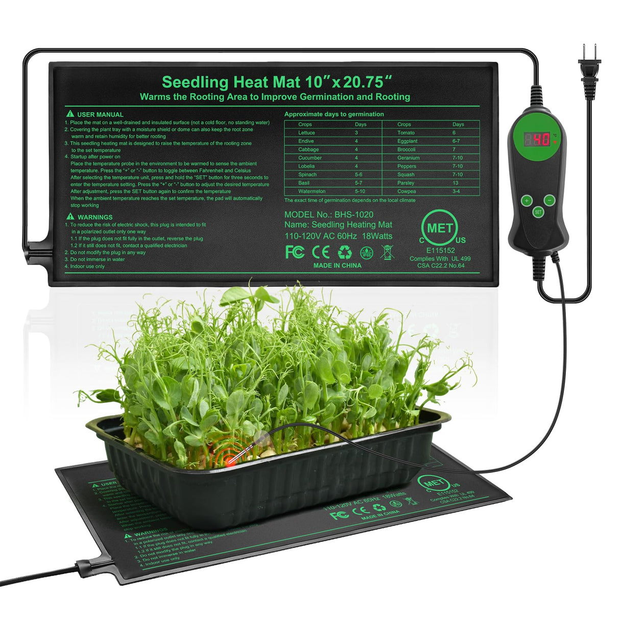 Seedling Heat Mat with Built-in Temperature Controller, 10" x 20.75" Waterproof Plant Heating Pad with Thermostat for Indoor Seed Starting Germination Hydroponics