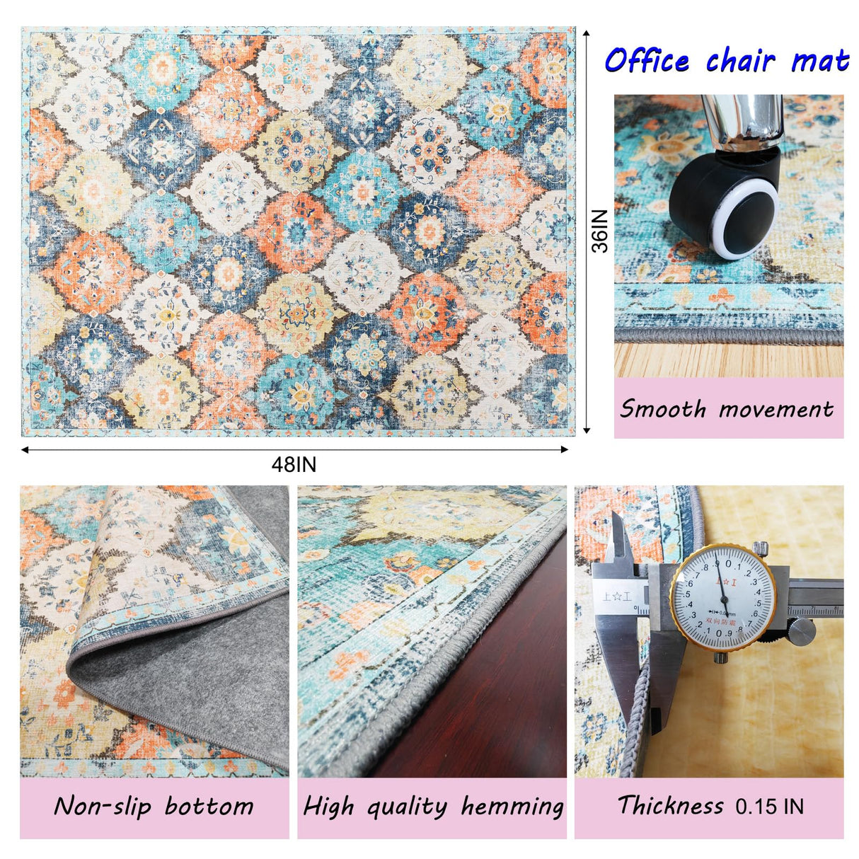 Office Chair Mat for Hardwood Floor,48"*36" Rolling Under Desk Mat, Computer Chair Rug,Anti-Slip Floor Protector for Home Office,Orange Blue