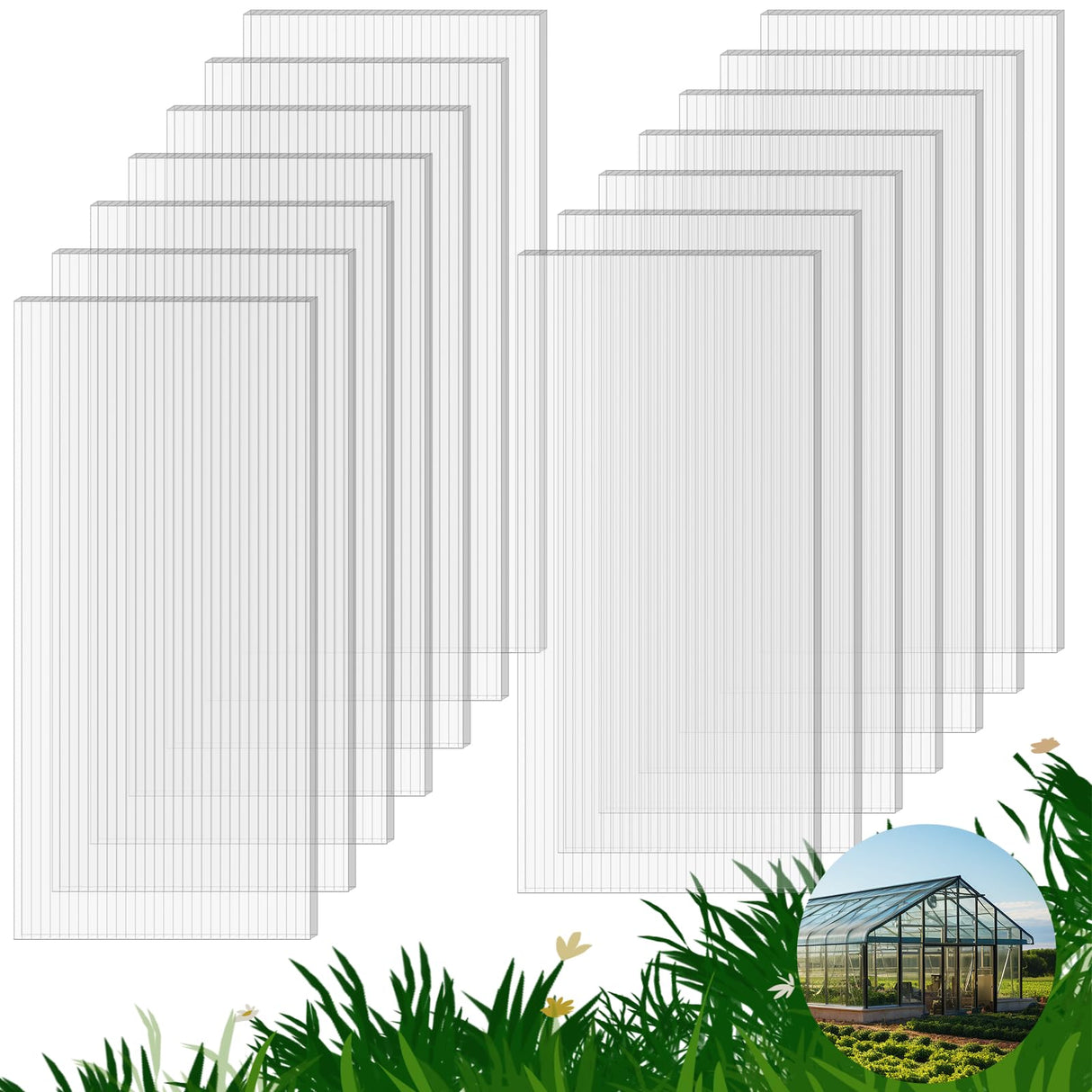 14 Pack Polycarbonate Greenhouse Panels, 4' x 2' x 0.24" Twin-Wall Polycarbonate Sheets for All Weather Green house Covering, Clear Greenhouse Panels, Excellent Light Transmission & Weather Resistance