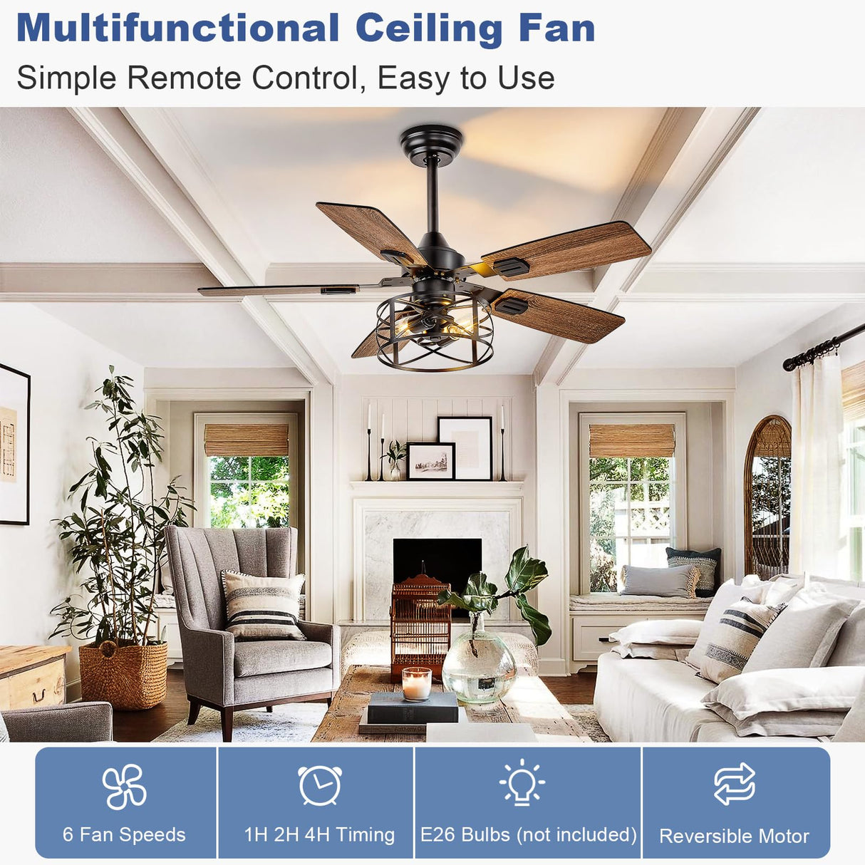 Depuley 42-Inch Ceiling Fans with Lights: Caged Ceiling Fans Dual Finish 5 Blades - Rustic Ceiling Fan with Remote Control for Farmhouse Living Room Outdoor Porch Noiseless (Black Walnut)