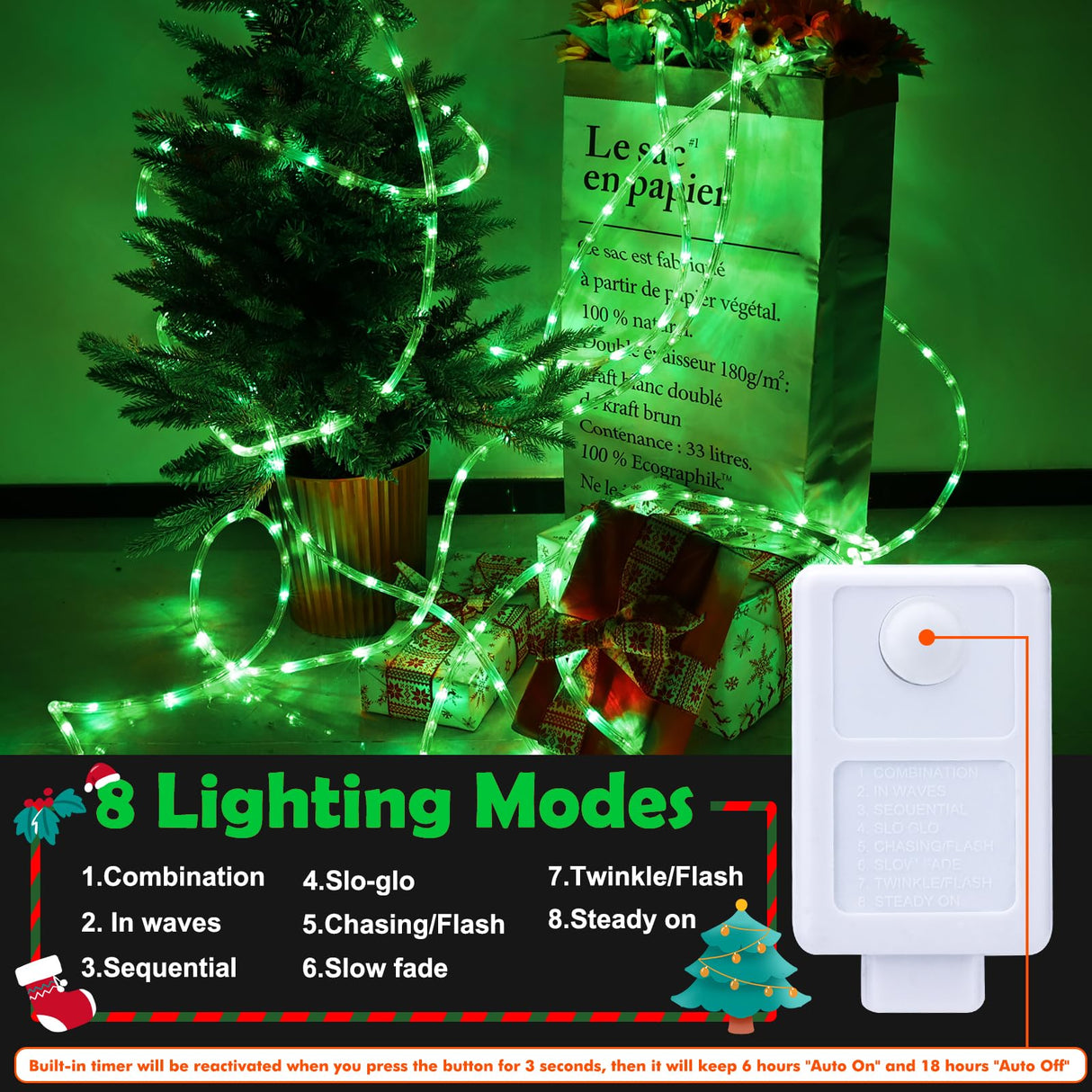 100ft LED Rope Lights Outdoor, 720 LED Connectable and Flexible Tube Lights with 8 Modes, Waterproof LED Rope Lighting for Garden, Patio, Pool, Bedroom, Party, Indoor Outdoor Christmas Decor (Green)