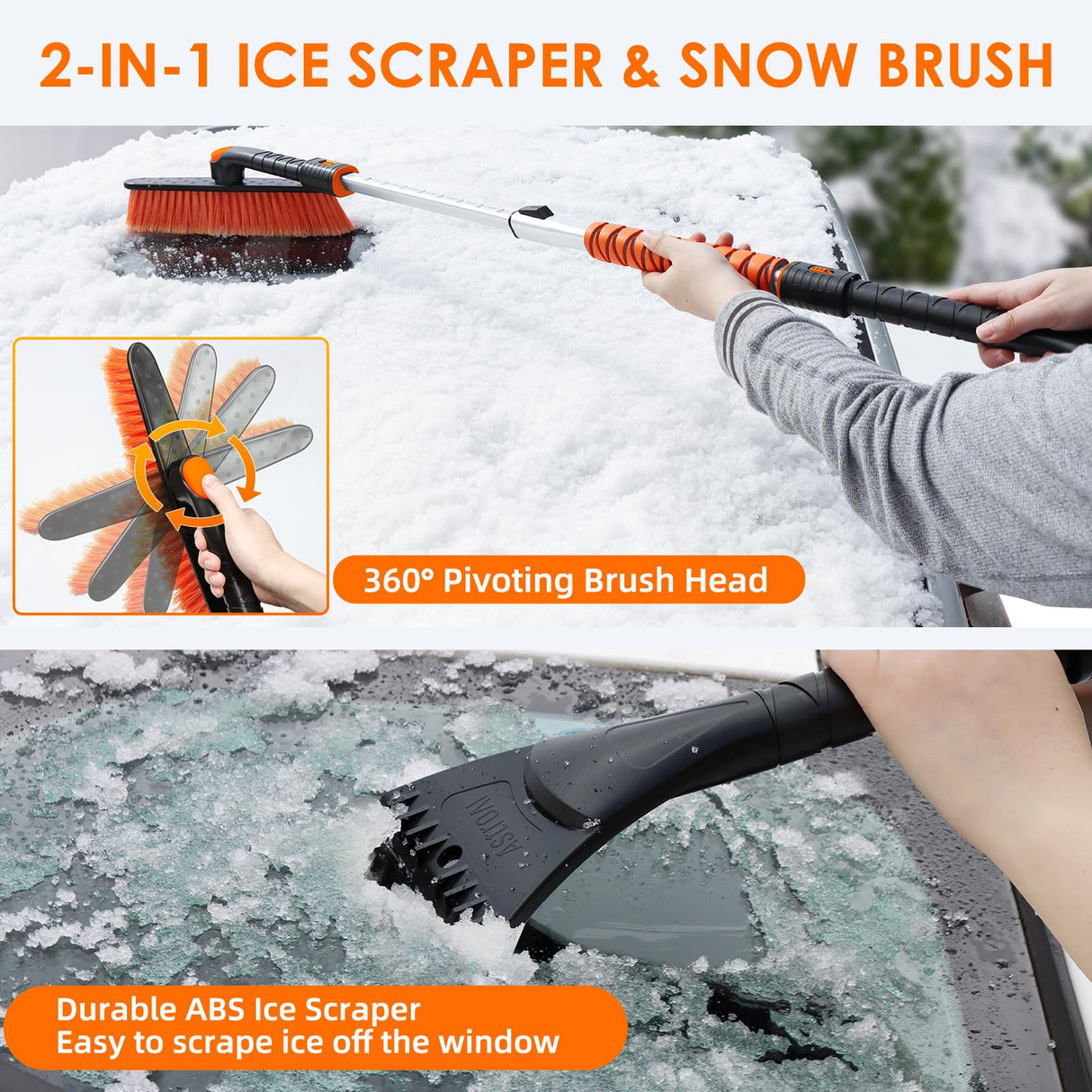 AstroAI 47.2" Ice Scrapers for Car Windshieldand Extendable Snow Brush with Foam Grip and 360° Pivoting Brush Head for Christmas Car Auto Truck SUV(Orange)