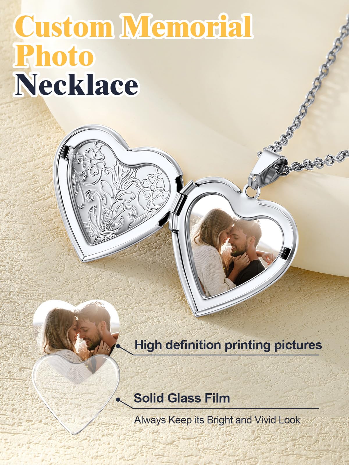 U7 Memorial Photo Locket Necklace, Women Silver Heart Pendant with Engrave