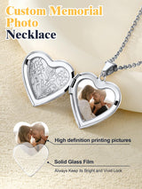 U7 Memorial Photo Locket Necklace, Women Silver Heart Pendant with Engrave