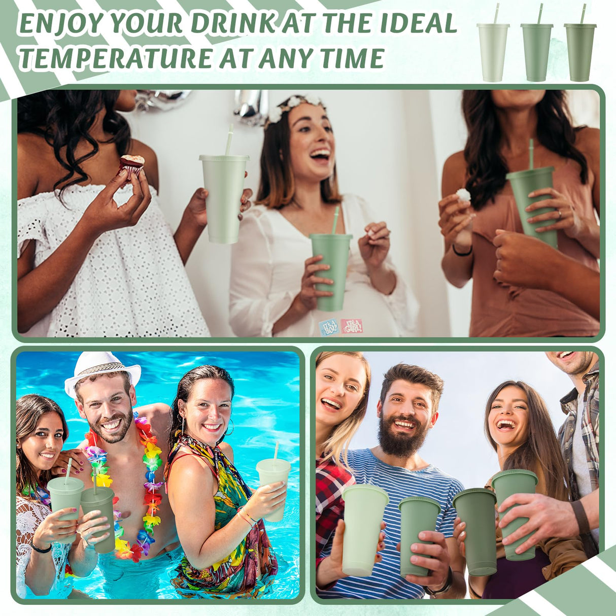 Skylety 24 Pcs Sage Green Plastic Cups with Lids and Straws 24 oz Reusable Tumbler Large Travel Mug Cup Coffee Beverage Drinks Party Supplies for Christmas Wedding Bridal Baby Shower Birthday