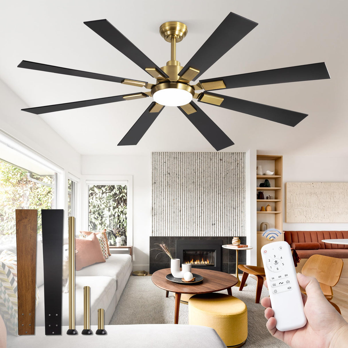 ZMISHIBO 80 Inch Black and Gold Ceiling Fans with Lights and Remote, Indoor/Outdoor Ceiling Fan for Patio Living Room, 6 Speed Reversible Quiet DC Motor, 3 CCT, Dual Finish Blades