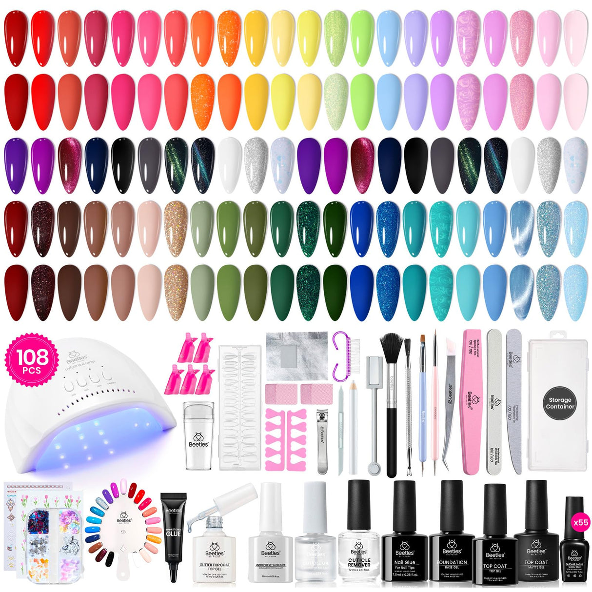 Beetles Gel Nail Polish kit with UV Light, 108 PCS 55 Colors Valentines Gel Polish Set Base Coat Glossy Matte Glitter Top Coat Gel Polish Glitter Red Green Brown Purple Pink Cat Eye Gel Gift for Women