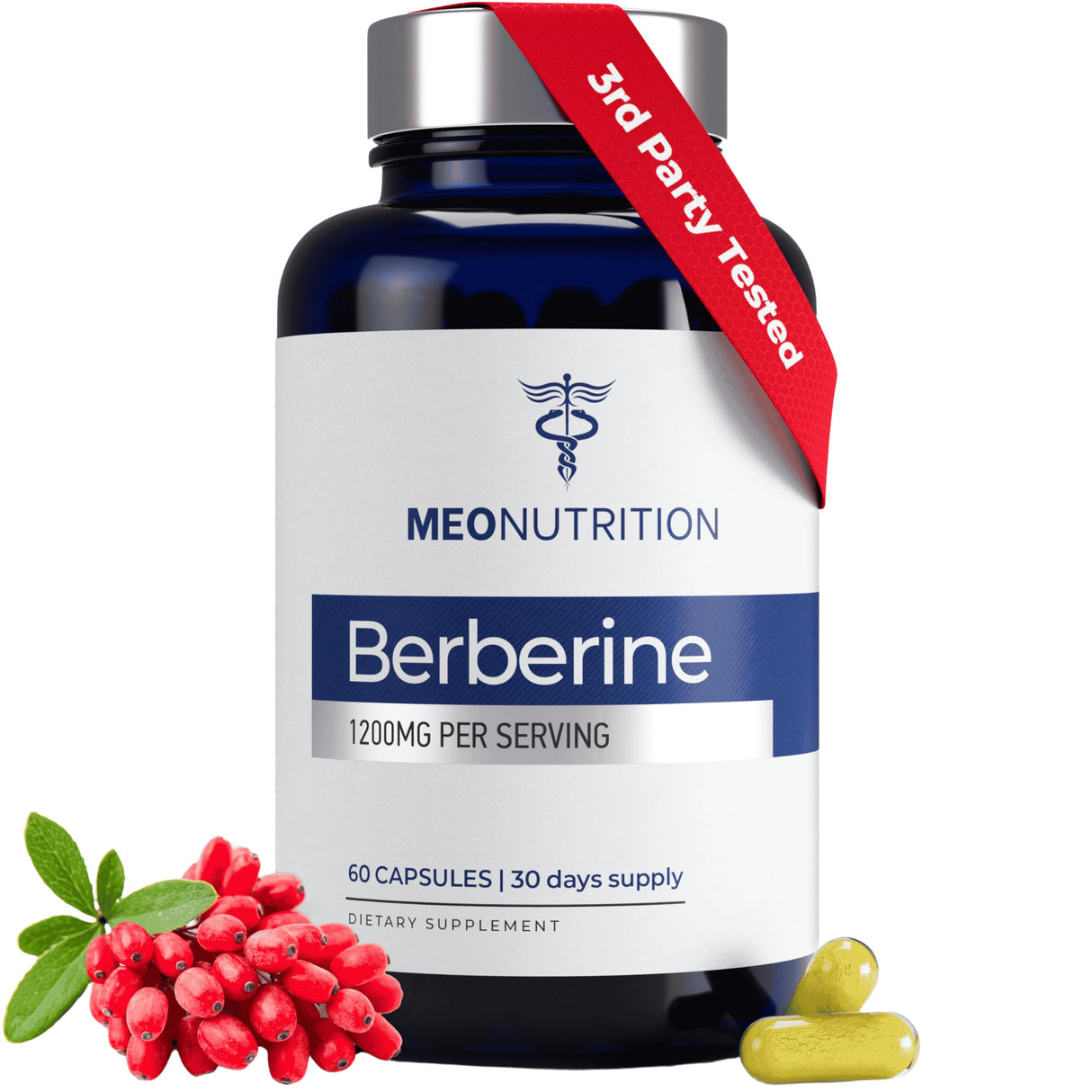 Meo Nutrition Berberine Supplement 1200mg HCI - 60 Capsules, 3rd Party Lab Tested, Non-GMO, GMP Certified - Supports Metabolic Health & Overall Wellness
