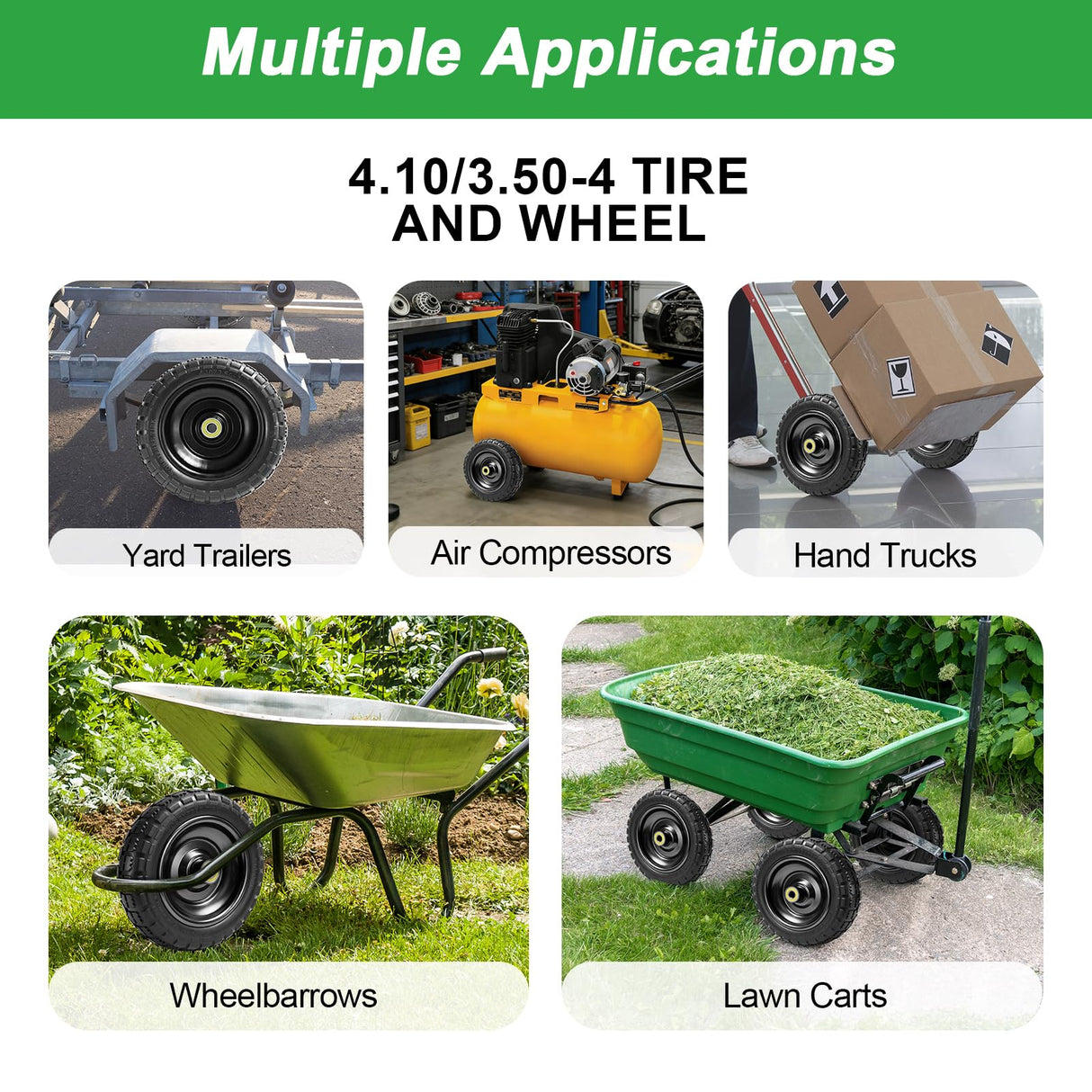 LTNICER 10" Flat Free Replacement Wheels for Gorilla Carts (2-Pack), 4.10/3.50-4 Solid Tires with 5/8" Axle Bore & 2.1" Offset Hub, Heavy Duty No-Flat Wheels for Garden Carts, Hand Trucks & Wagons