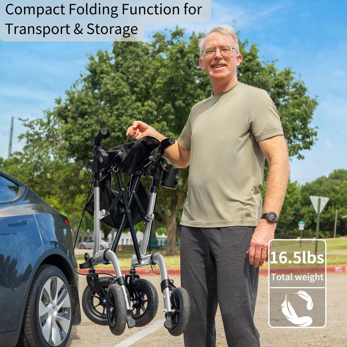 Henmnii Rollator Walker for Seniors, Lightweight Foldable All Terrain Rolling Walker with seat, Aluminum Walkers with 10 inch Rubber Wheels, Handles and Backrest for Seniors and Adult