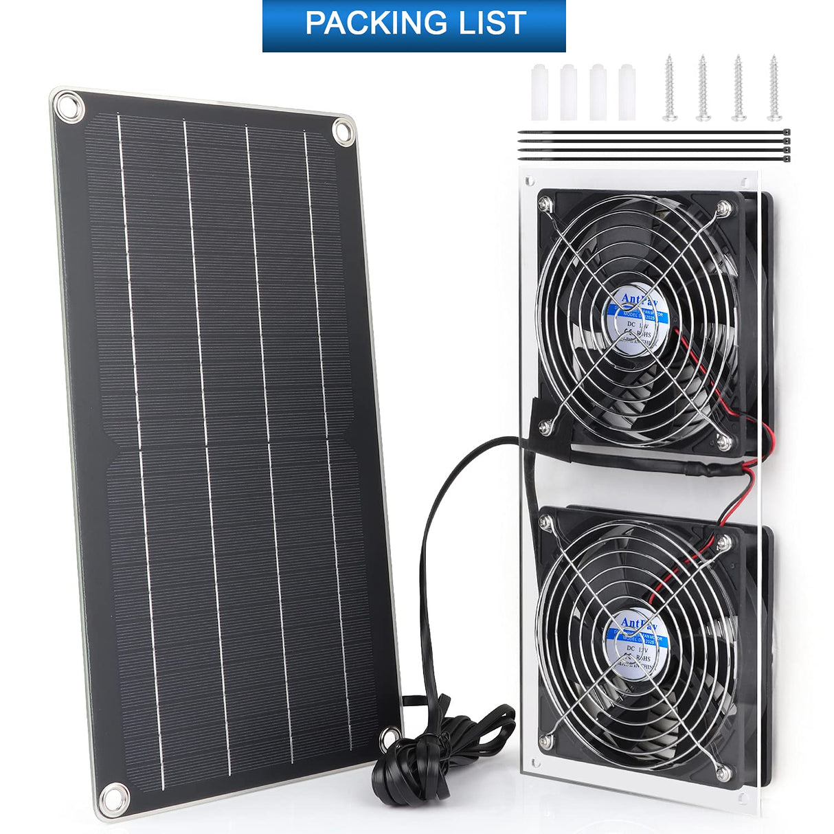AntPay Solar Powered Fan Kit, IPX7 Weatherproof Dual Fan, Solar Exhaust Intake Cooling Ventilation for Chicken Coop,Greenhouse,Shed,Pet House,Outside with 11Ft/3.5m