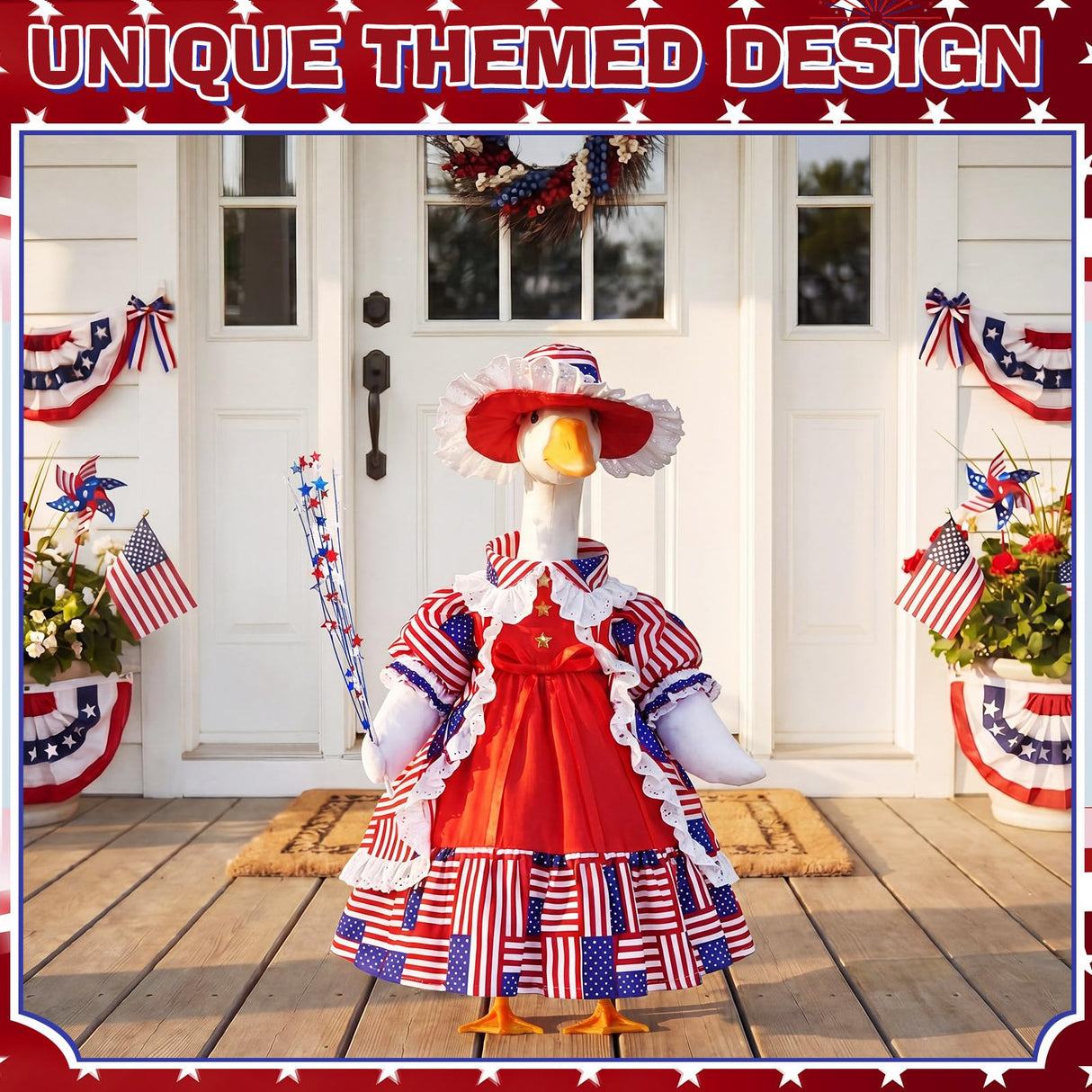 FuWeave 4th of July Porch Goose Outfit for 23'' Plastic Patriotic Cement Goose Statue Clothes Skirt Costume for Independence Day Outdoor Patio Yard Lawn Decor(Style3)