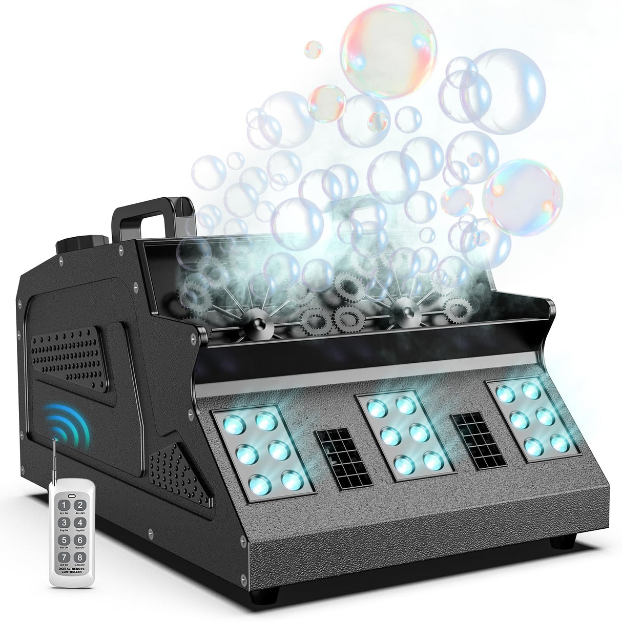 Fancybling 2000W Fog Machine, 3 in 1 Fog Bubble Machine with 2 Bubble Fans, 18 RGB LED Lights Smoke Bubble ALL IN ONE Fog Machine, Bubble Machine for Halloween Christmas Party Wedding Birthday