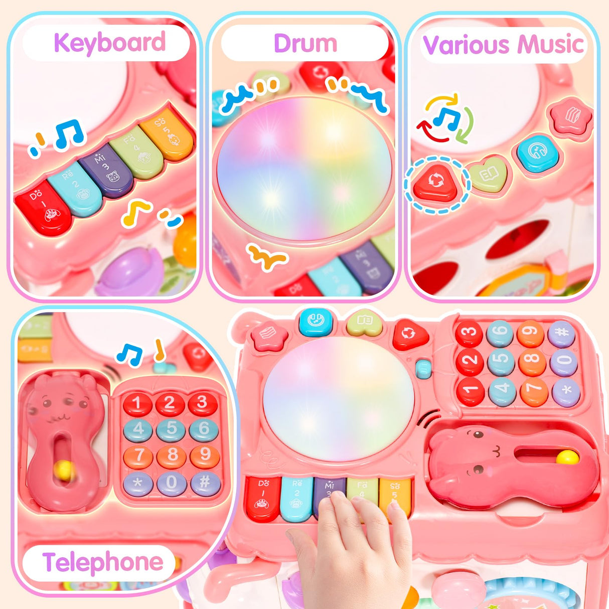 AmiDear Baby Gift for 1-2 Year Old Girl, 10-in-1 Montessori Toys Bus for Baby 6-12-18 Months+, Educational Musical Sensory Learning Toddler Toys Age 1-2, First Christmas and Birthday Gifts Pink