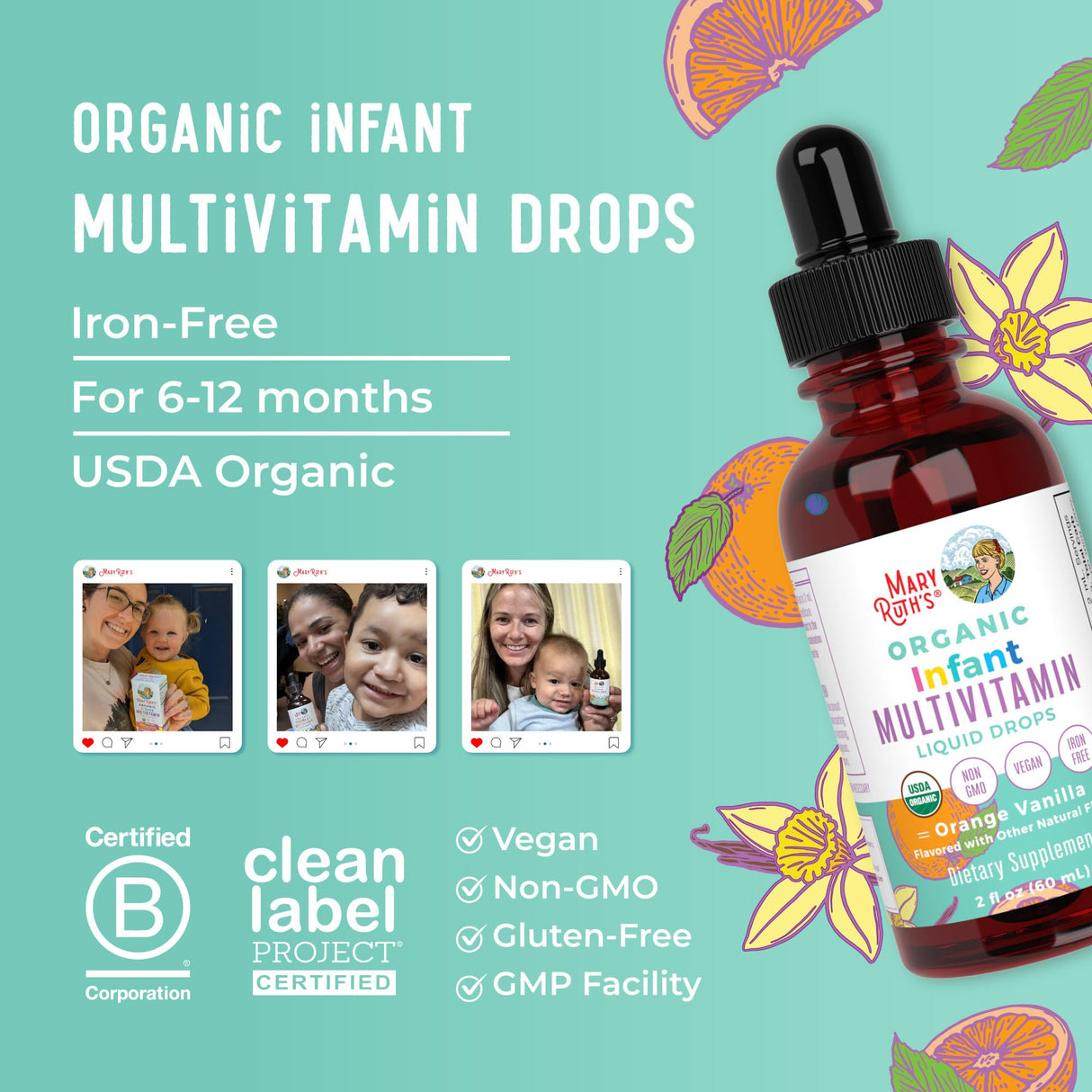 MaryRuth Organics Multivitamin for Infants | USDA Organic | Multivitamin Liquid Drops for Babies 6-12 Months | Immune Support & Overall Wellness | Vegan | Non-GMO | Gluten Free | 2 Fl Oz