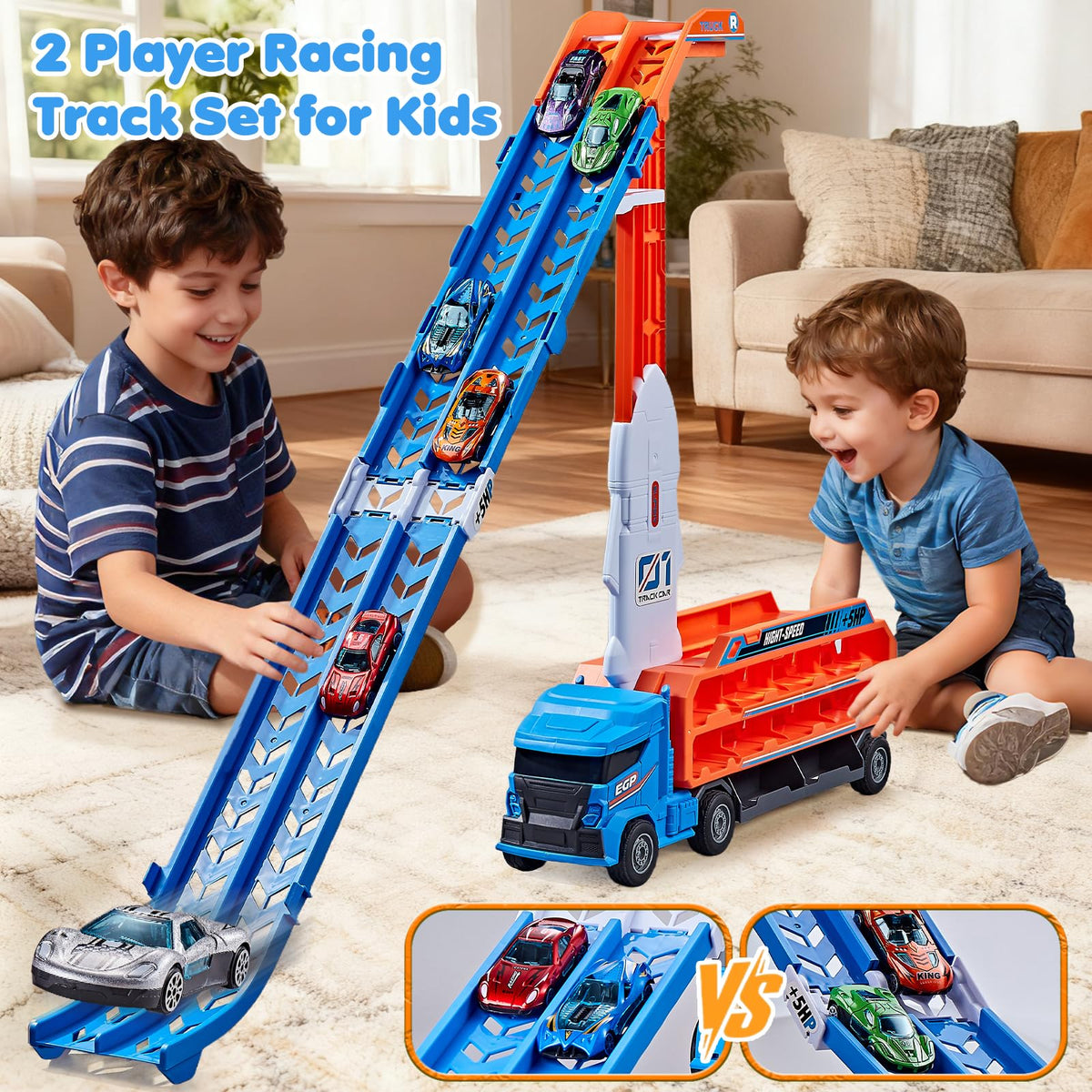 Race Track Truck Toys for 3 4 5 6 Years Old Kids - Carrier Truck Transport Car with 6 Die-Cast Cars Toys, 4-in-1 Truck with 2 Foldable Race Tracks, Christmas Birthday Gifts Toy for Toddler Boys, Blue
