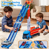 Race Track Truck Toys for 3 4 5 6 Years Old Kids - Carrier Truck Transport Car with 6 Die-Cast Cars Toys, 4-in-1 Truck with 2 Foldable Race Tracks, Christmas Birthday Gifts Toy for Toddler Boys, Blue