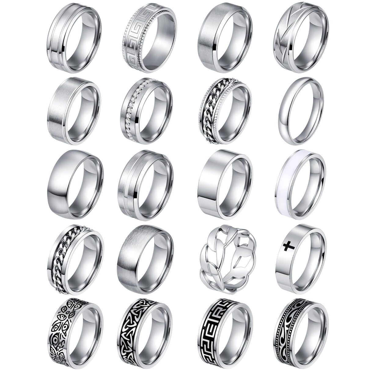 FIRAZIO 20PCS Silver Rings for Men Stainless Steel Rings 7-13