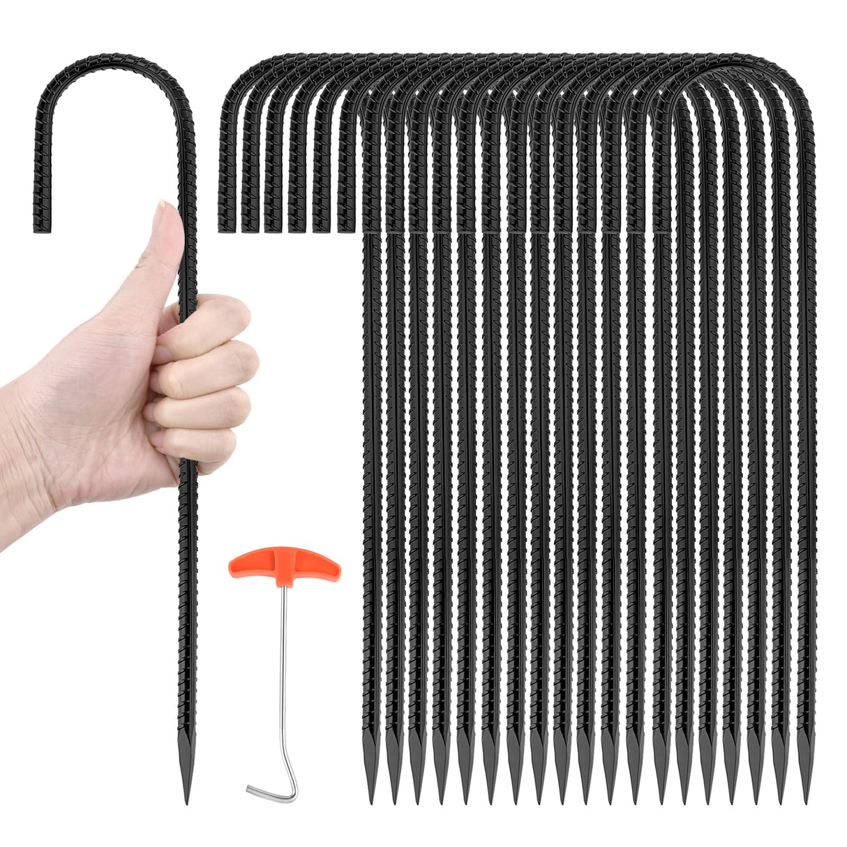 GESTONE 20 PCS Garden Ground Stakes 12" Rebar Stakes Heavy Duty J Shape