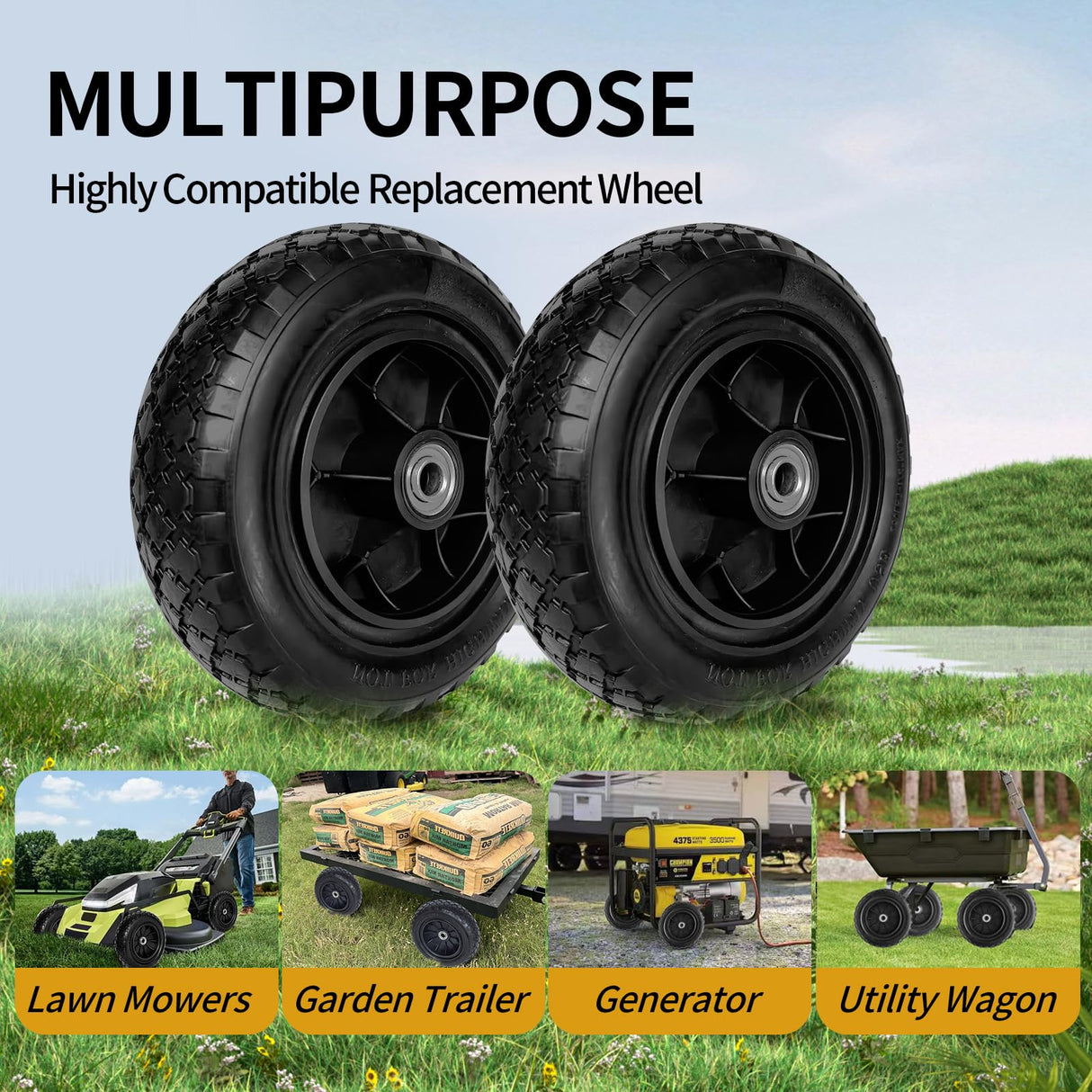 TPXQWL 10" 3.00-4 Flat Free Tire 5/8" Bearing 2.2" Hub for Hand Truck 2PK