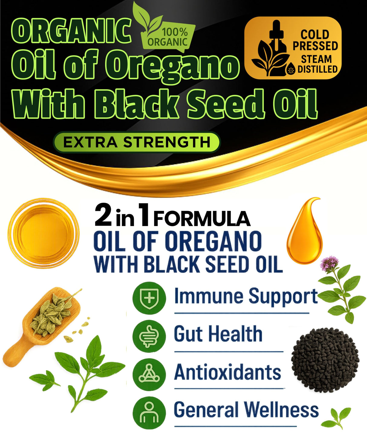 Oil Of Oregano With Black Seed Oil - 400 Servings, 2 in 1 Wild Oregano Oil with Black Seed Oil Drops, Organic Supplement, Alternative to Oregano and Black Seed oil Gel Capsules, Non-GMO, Vegan
