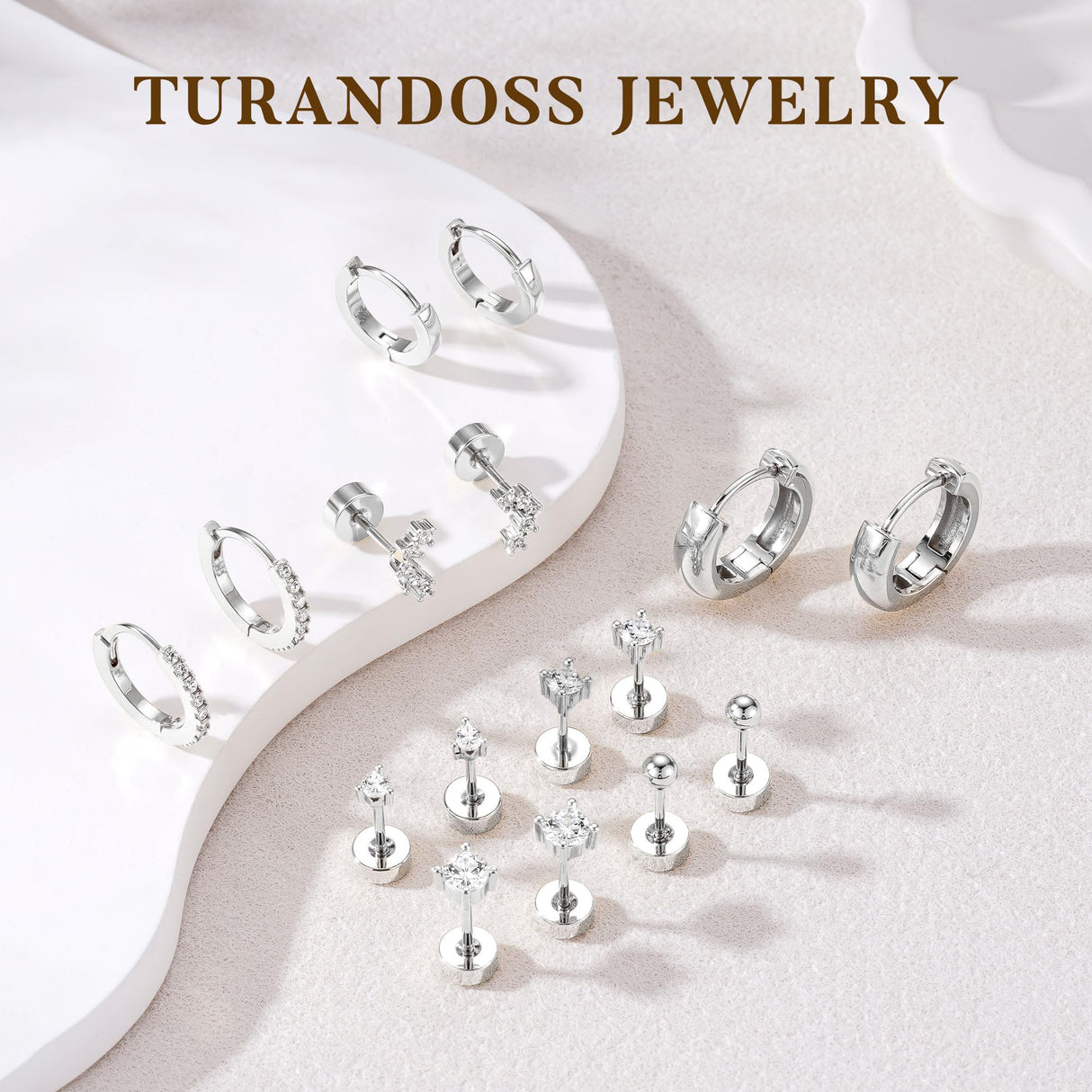 Turandoss 8 Pairs Silver Stud Hoop Earrings for Women Silver Plated