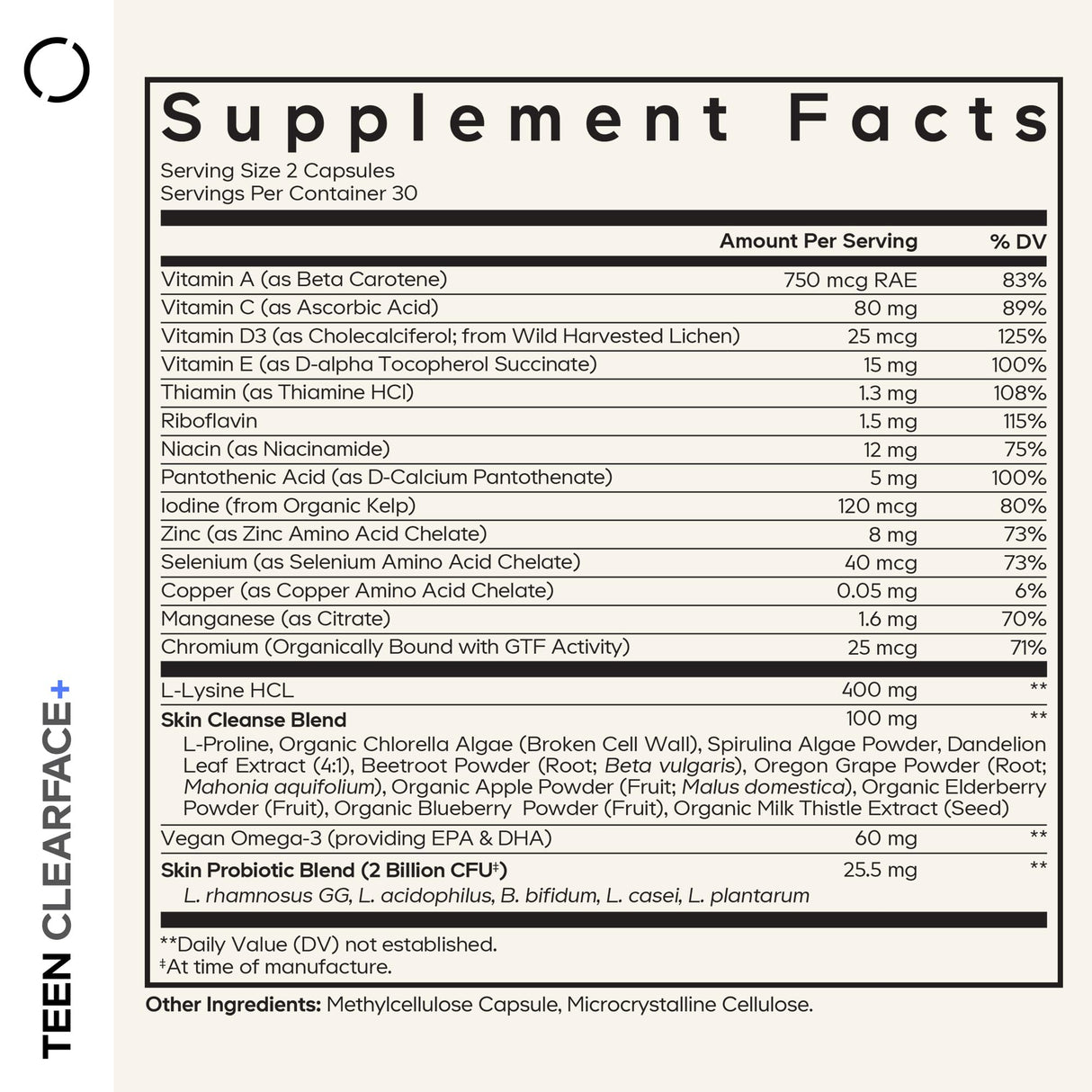 Codeage Teen Clearface Adolescent Face, Skin & Pimples, Vitamins A, C, D3, E, Pantothenic Acid, Niacin, Zinc Supplement Teenagers, Probiotics, L-Lysine, Omega-3, Oily Skin, Pores, Spots - 60 Capsules