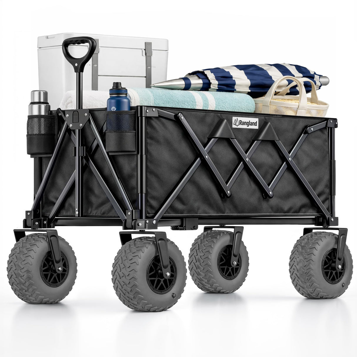 Beach Wagon with Heavy-Duty 10" Air Tires - All Terrain Folding Cart with Big Wheels for Sand and Gravel - 300 LB. Capacity (Black)